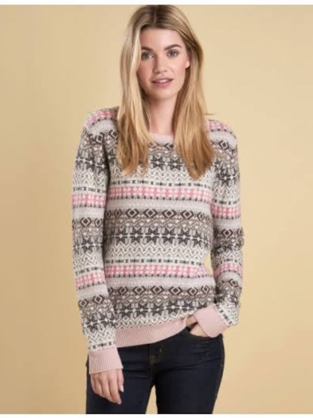 NWT Barbour Tarn Crew Fair Isle Knit Merino Wool Cashmere Blend Sweater Us 12